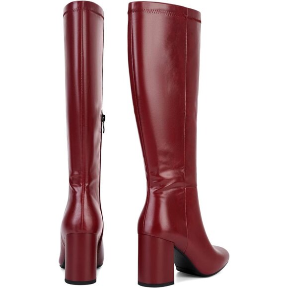 ⚡Women's Red Faux Leather Boots Fashion Square Toe Chunky Heel Knee High Boot - Picture 6 of 6